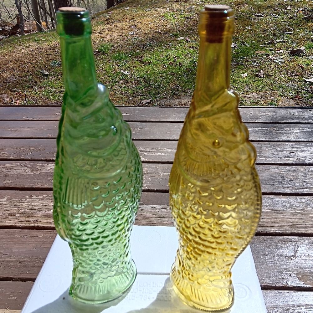 Vintage Fish-Shaped Glass Bottles in Yellow and Green